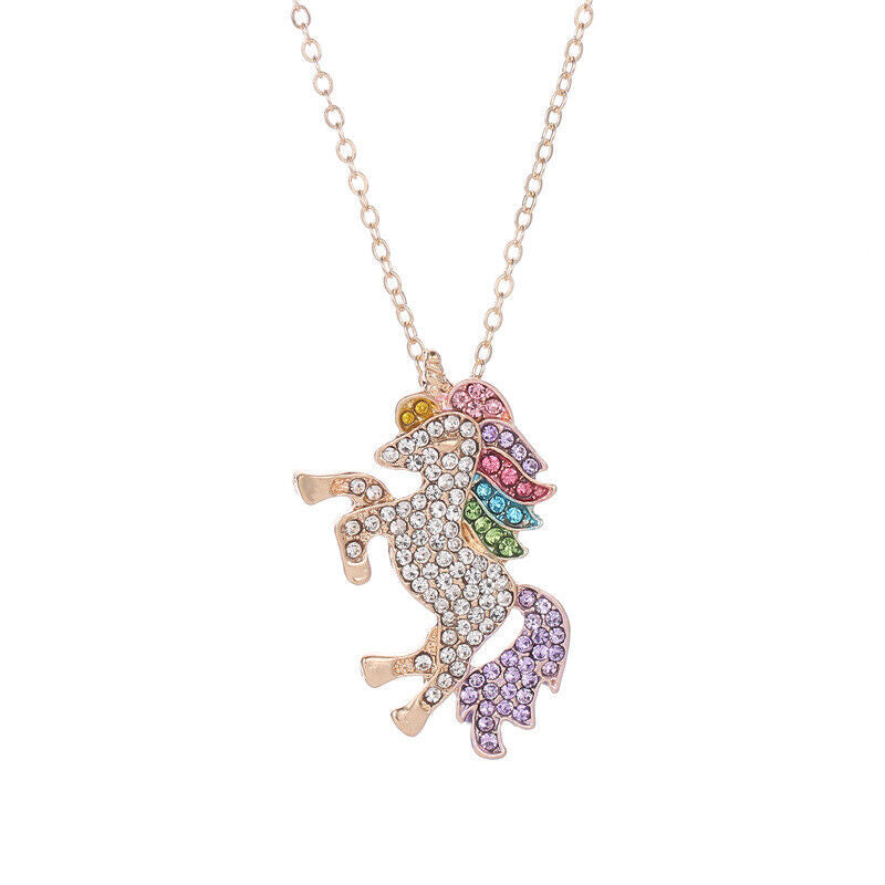 US Unicorn Jewelry Rainbow Rhinestone Crystal Necklace/ Bracelet/ Earring/ Ring