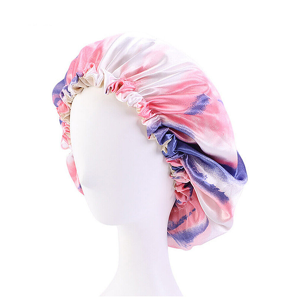 US Double-sided Satin Night Sleep Cap Hair Bonnet Hat Head Cover w/ Elastic Band