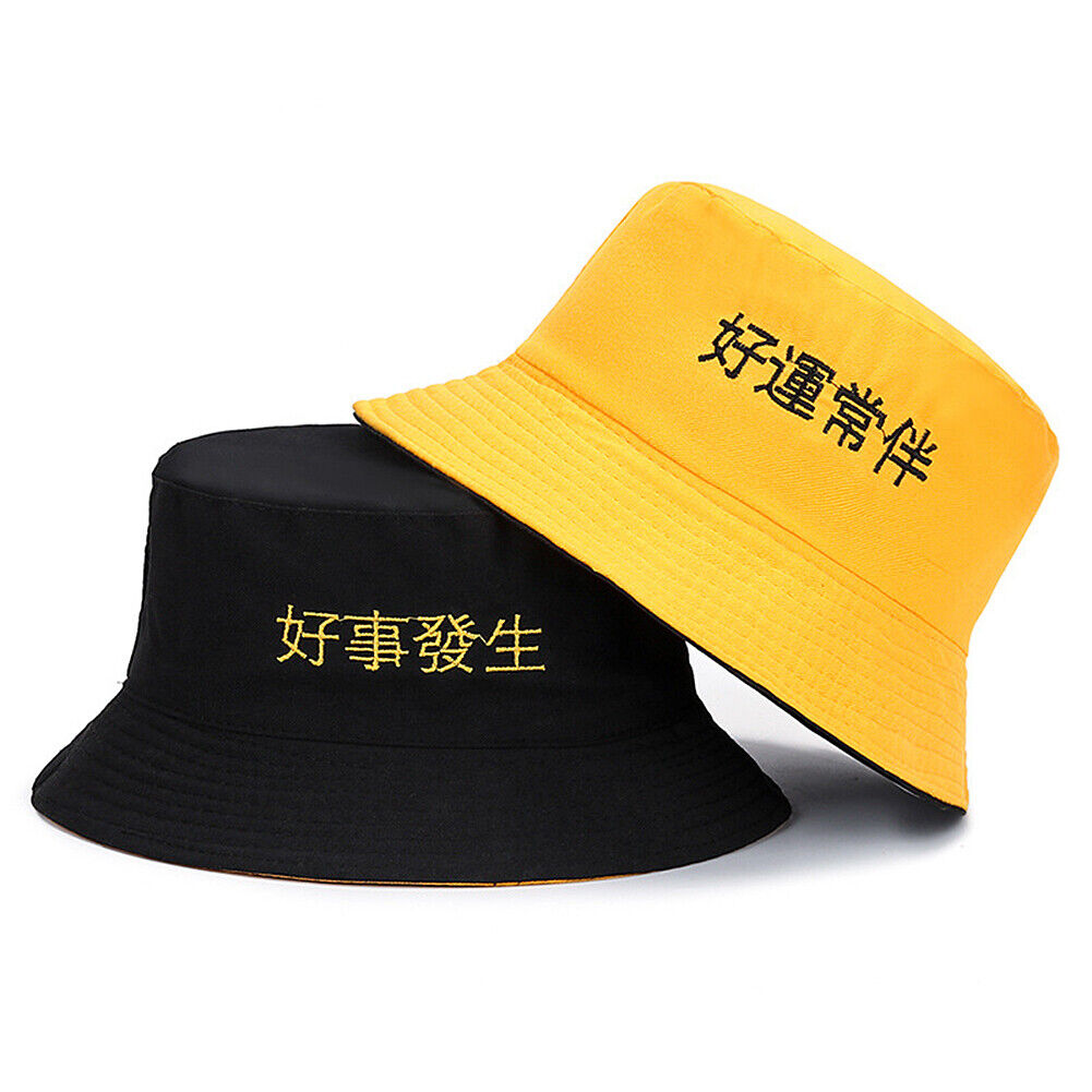 US Double-sided Bucket Hat Fisherman's Cap Men Women Embroidery Pattern Cotton