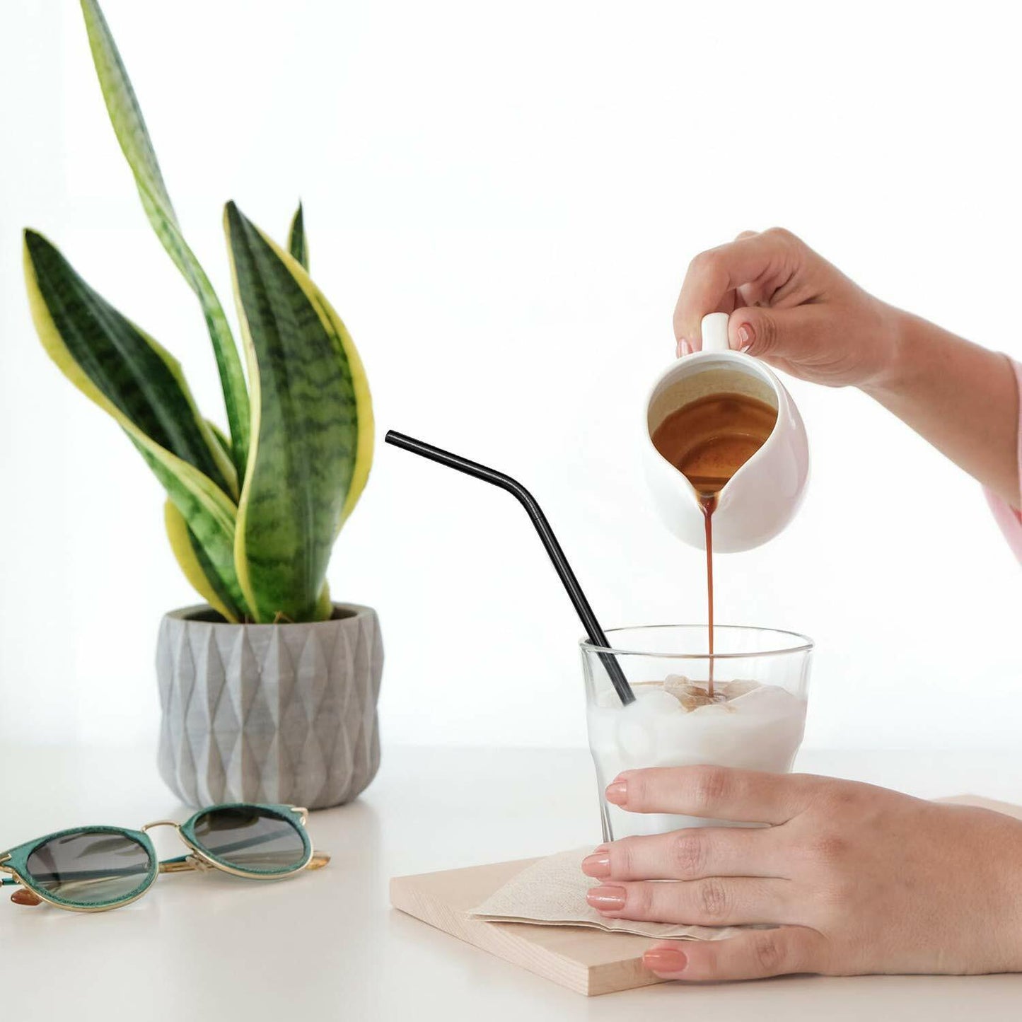 US 8pcs 10.5" Stainless Steel Ultra Long Metal Cocktail Straw + 2 Cleaner Brush
