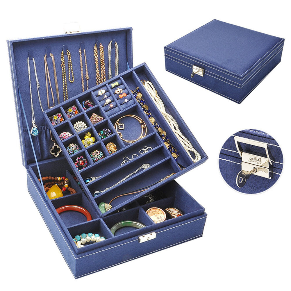 US Two-Layer Lint Large Jewelry Box Organizer Display Storage case with Lock