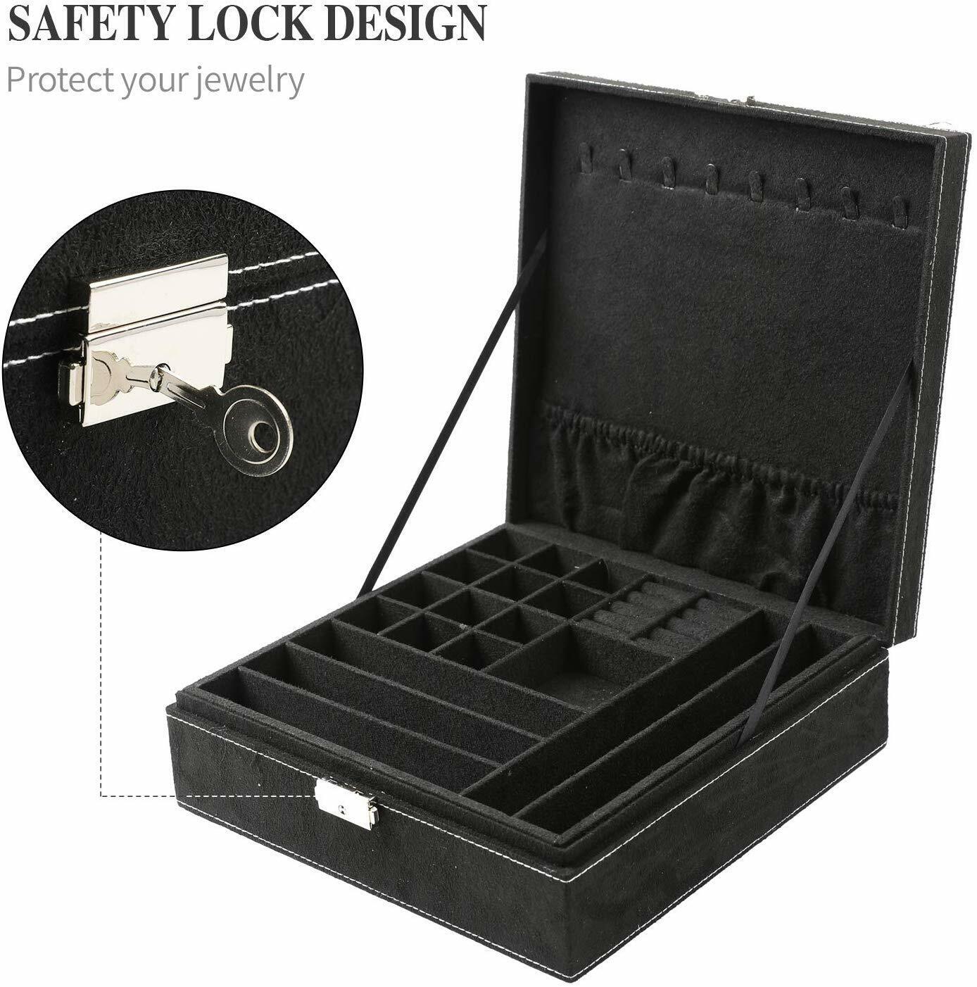 US Two-Layer Lint Large Jewelry Box Organizer Display Storage case with Lock