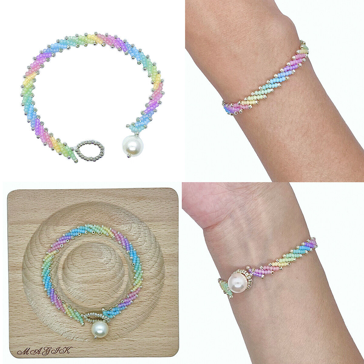 US Handmade Rainbow Colorful Glass Seed Beads Bracelet Imitation Pearl Closure