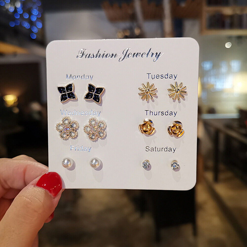 US 6~7 Pairs/Set Korean Style Week Earrings Set Crystal Rhinestone Ear Stud Gift