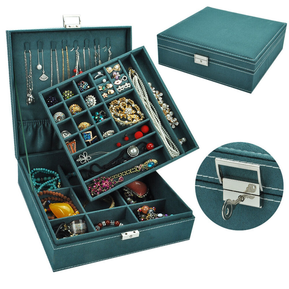 US Two-Layer Lint Large Jewelry Box Organizer Display Storage case with Lock