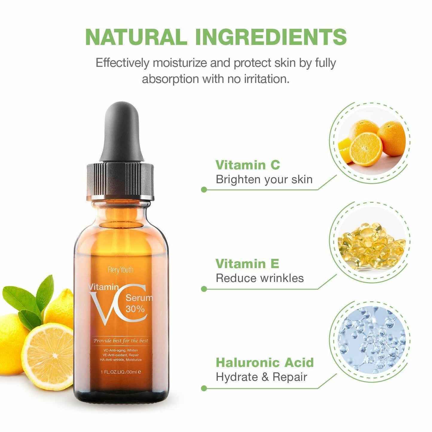 30% Vitamin C Serum ,Hyaluronic Acid Vitamin E - Natural & Organic Anti Wrinkle