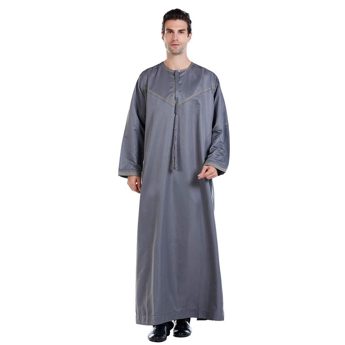 Men Arabic Long Sleeve Embroidery Thobe Crew Collar Kaftan Robe wit Braid Tassel