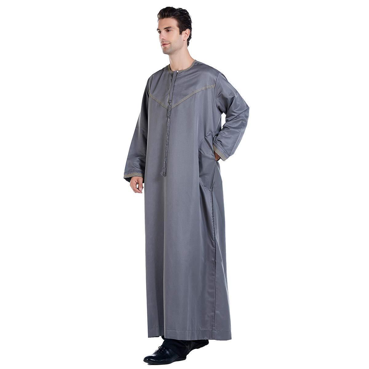 Men Arabic Long Sleeve Embroidery Thobe Crew Collar Kaftan Robe wit Braid Tassel