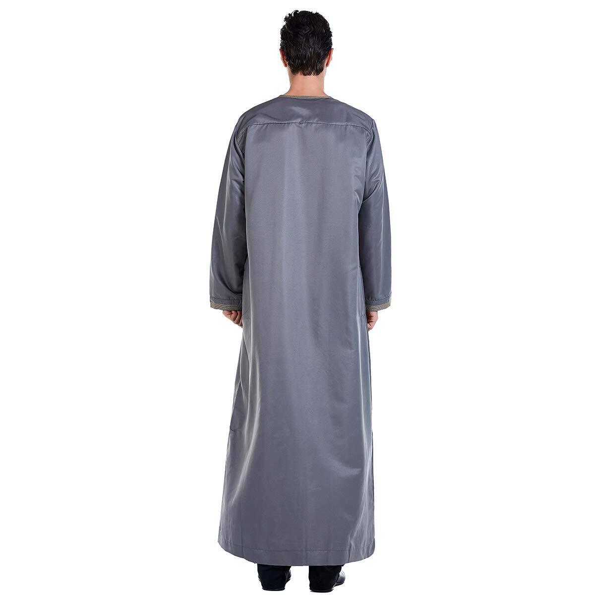 Men Arabic Long Sleeve Embroidery Thobe Crew Collar Kaftan Robe wit Braid Tassel