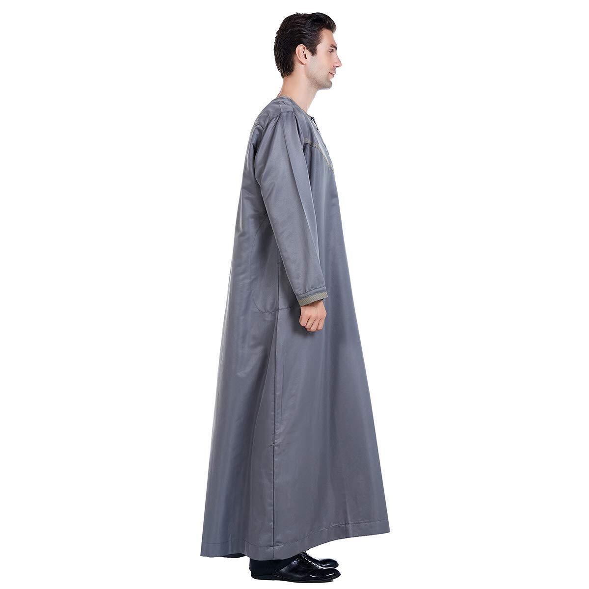 Men Arabic Long Sleeve Embroidery Thobe Crew Collar Kaftan Robe wit Braid Tassel