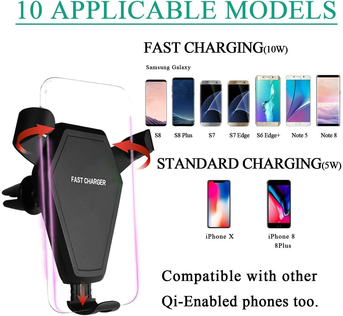 Fast Wireless Car Charger ,Qi car Wireless Charging Mount, for iPhone X,8 plus