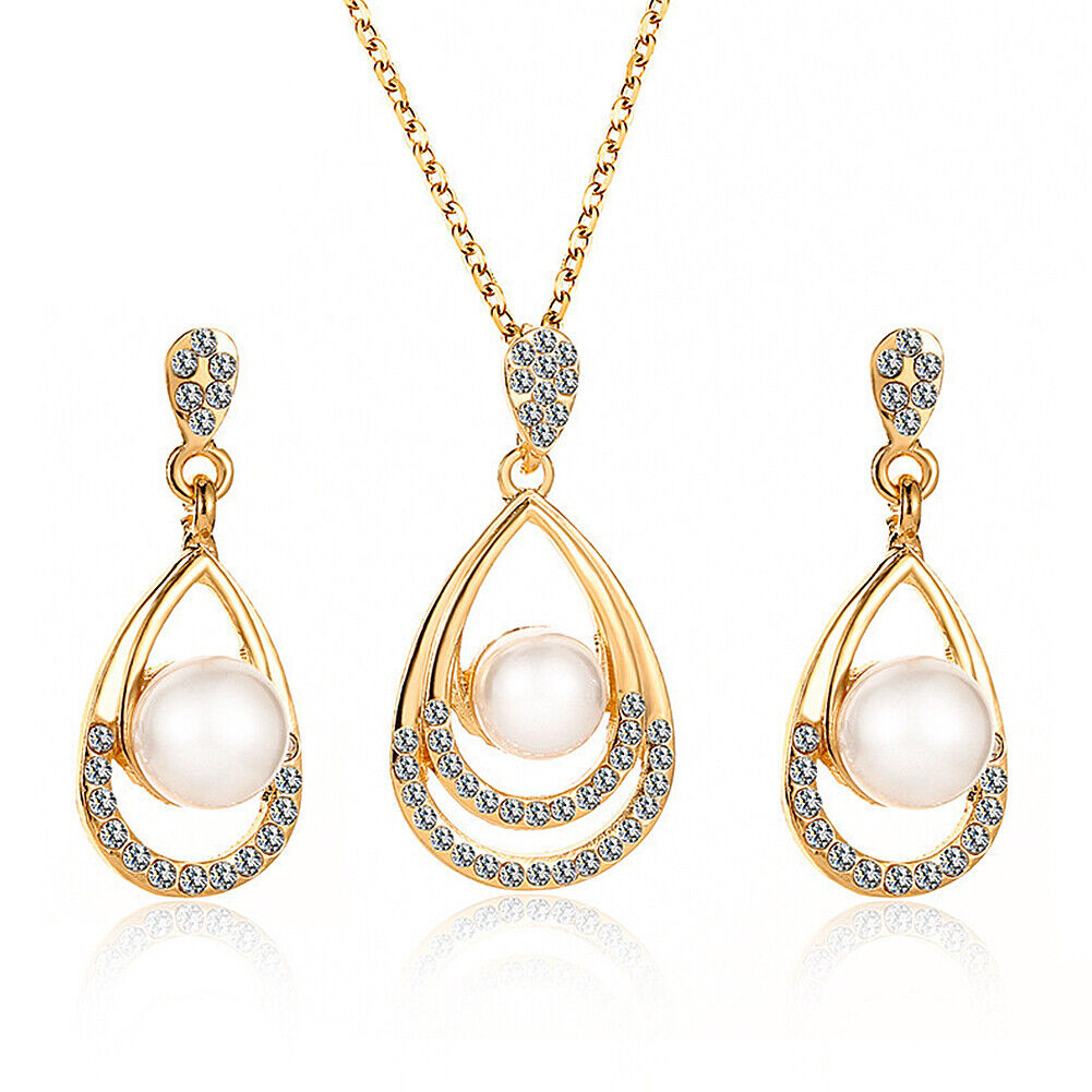 US 2 Pcs Pearl Rhinestone Crystal Peacock Themed Necklace + Earrings Jewelry Set