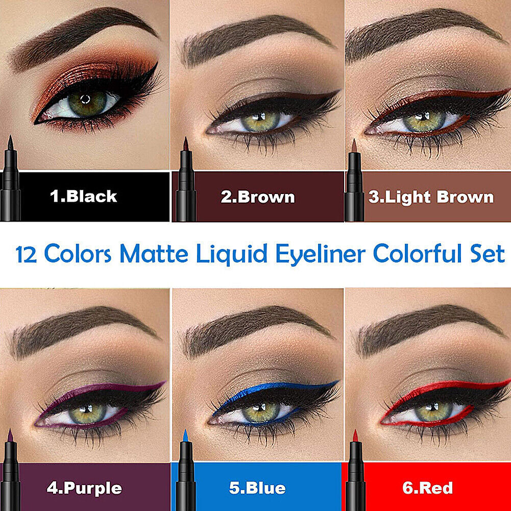 US 12 Colors Liquid Eyeliner Pen Set Matte Waterproof Smudge-Proof Smooth Vivid