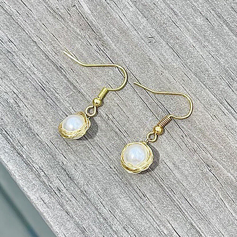 Magik Handmade Bird Nest Design Wiring 8mm Simulated Pearl High Luster Earrings