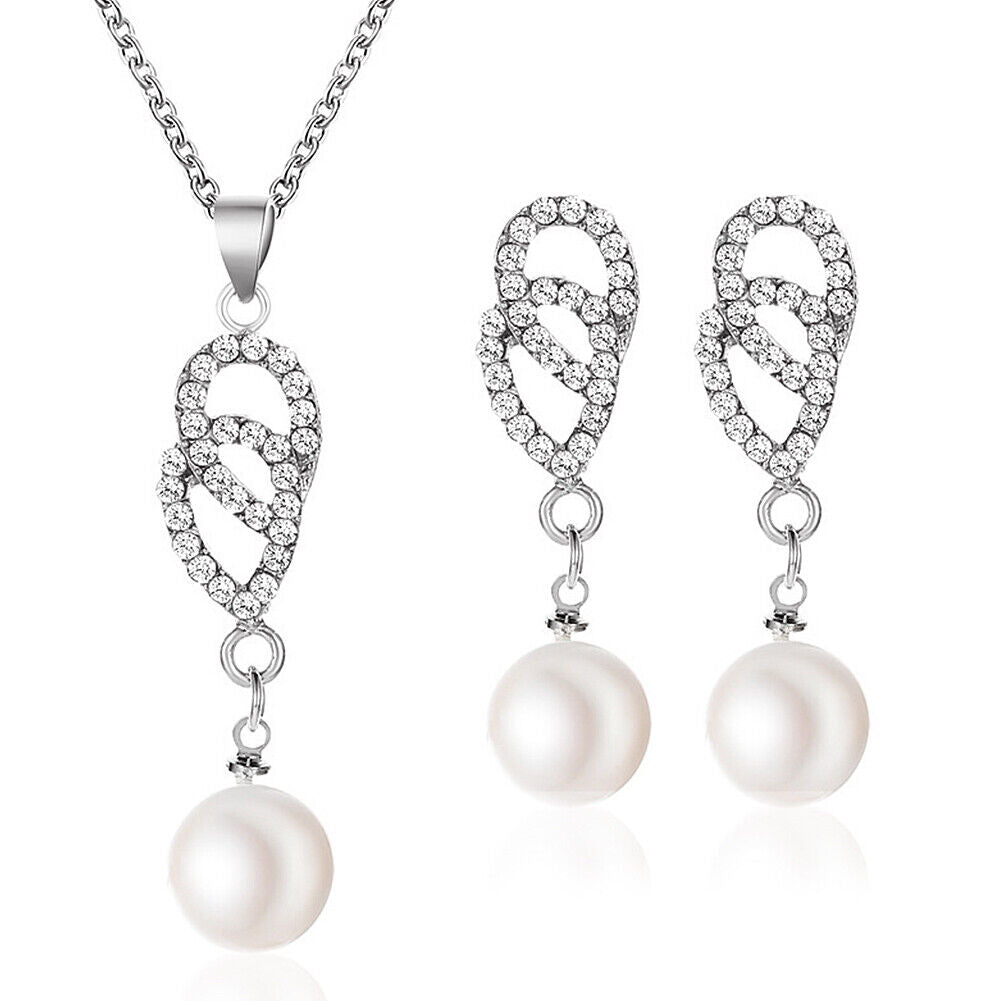 US 2 Pcs Pearl Rhinestone Crystal Peacock Themed Necklace + Earrings Jewelry Set