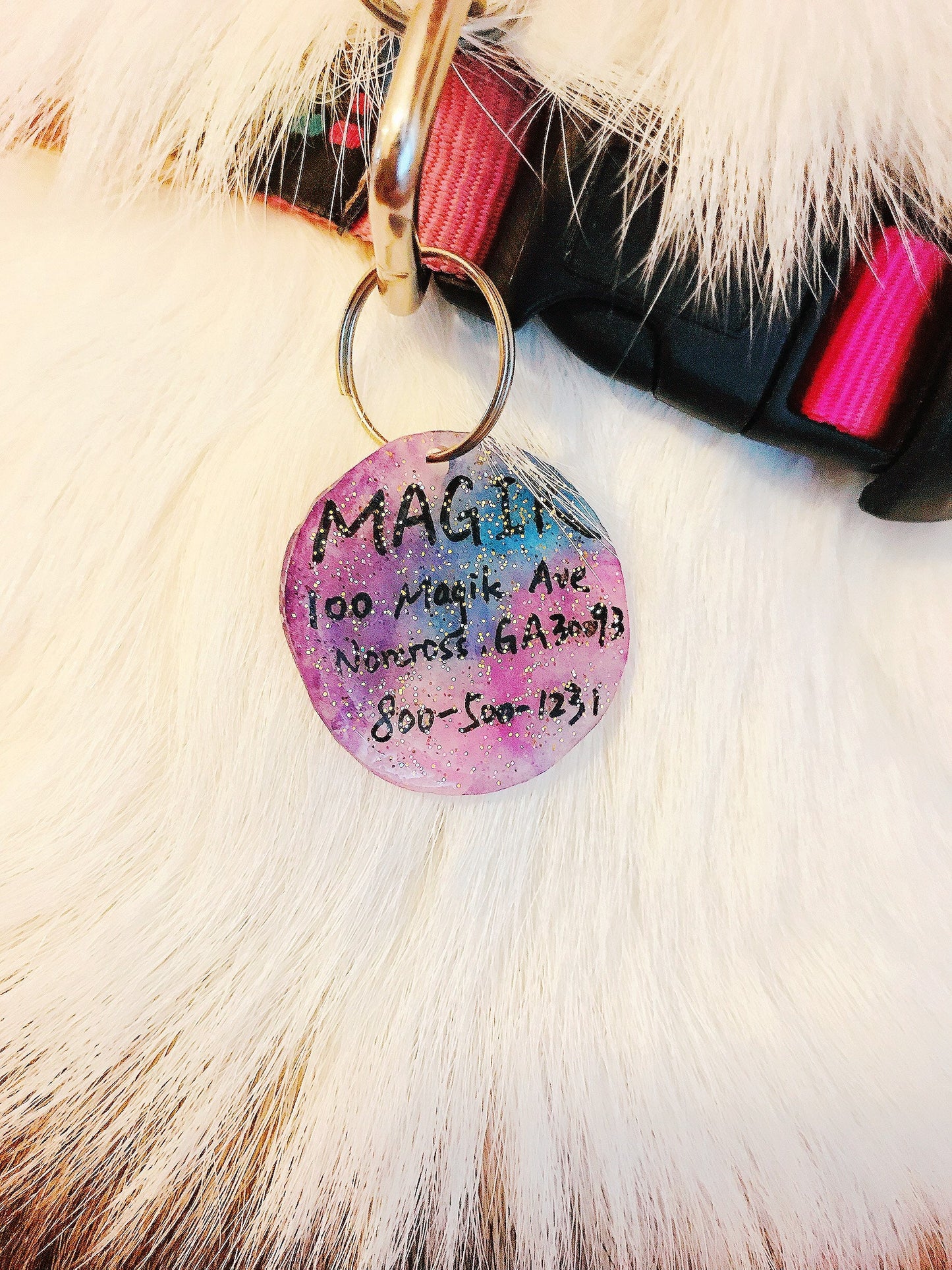 Thanksgiving Sale!Magik Hand-drawn Glitter Galaxy Pet ID Tag - Dog Tag or Cat Tag , Name Tag, Key Chain, Dog Collar Tag