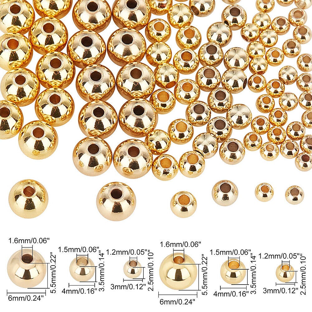 US 300~600 Pcs 3+4+6mm 14K Gold Plated Beads Smooth Round Metal Ball Brass Beads