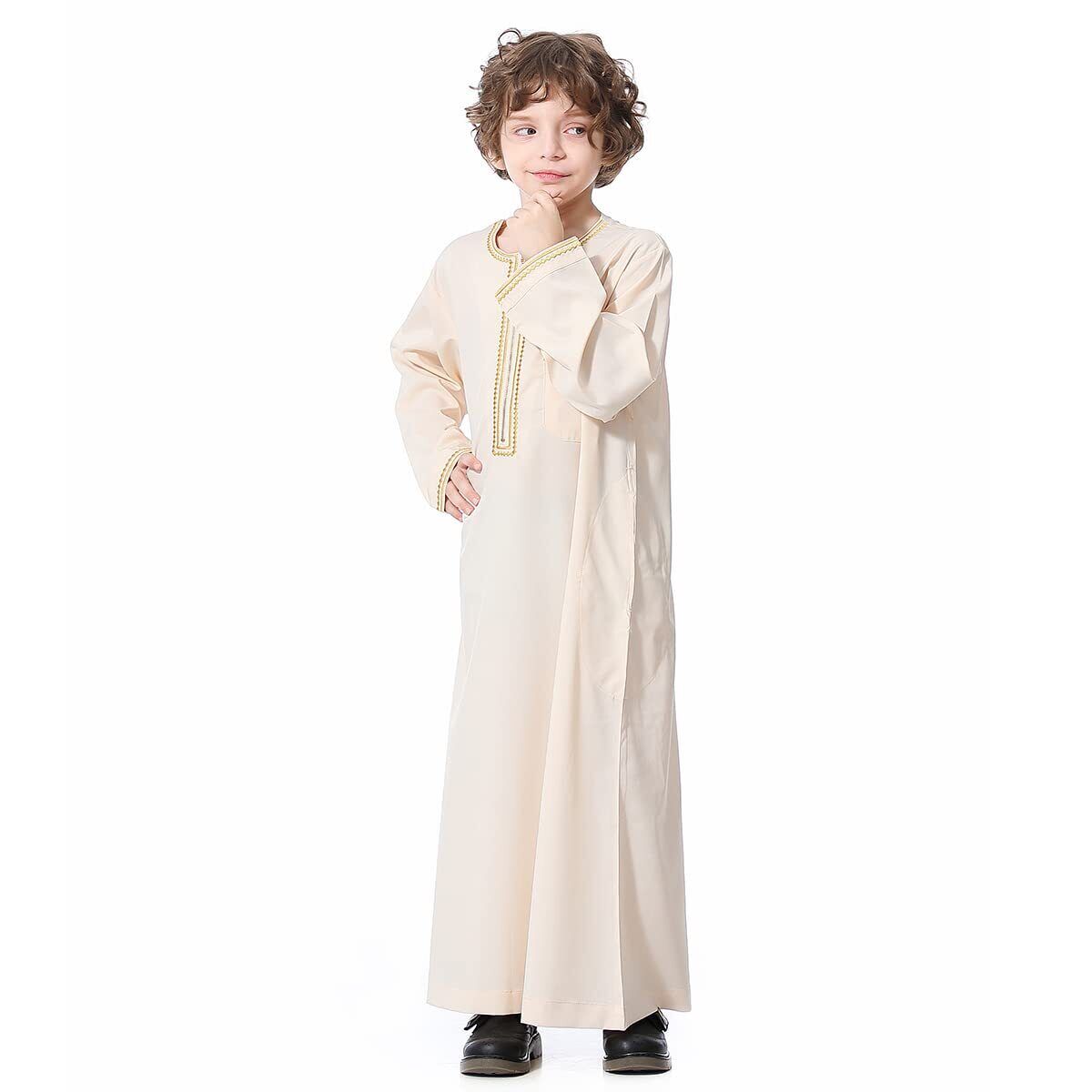 Arabic Thobe Muslim Thobe Kaftan Stand Collar Robe with Botton for Boy