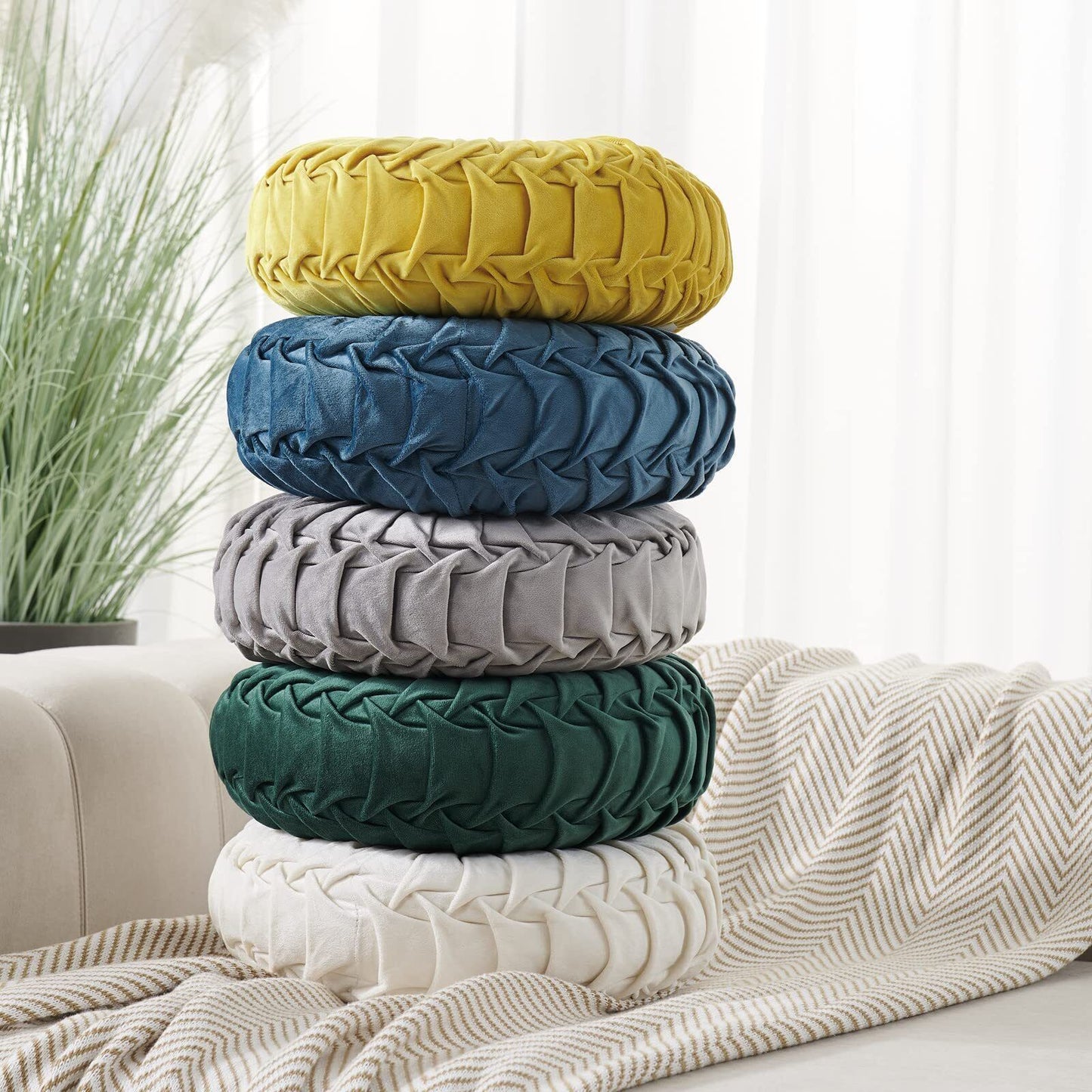 Round Throw Pillow Round Velvet Pillow Pleated Round Filled Pillow