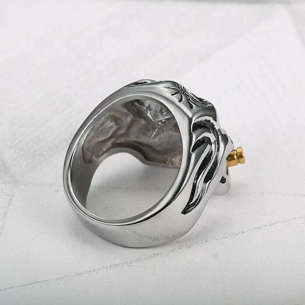 US 1-2Pc Goth Men Biker Punk CZ Smoking Skull Ring Men Stainless Steel Size 8-12