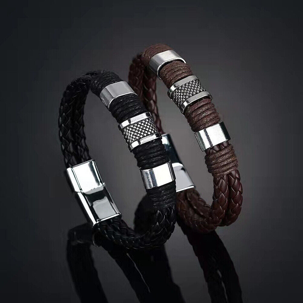 US 2-4 Leather Titanium Steel Braided Magnetic Clasp Bracelet Bangle Wrist Cuff
