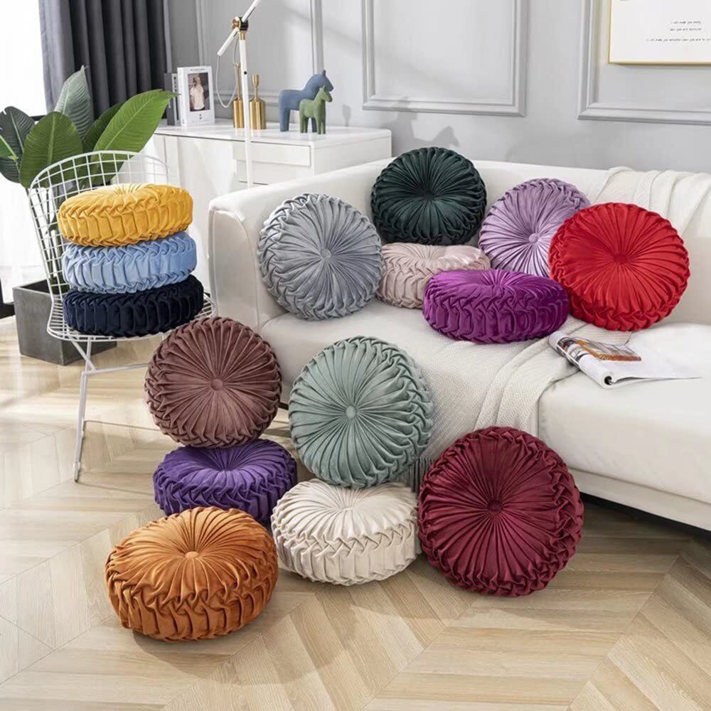Round Throw Pillow Round Velvet Pillow Pleated Round Filled Pillow