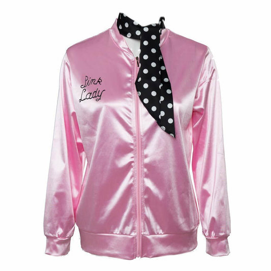 Womens 1950s Pink Satin Jacket with Neck Scarfs Adult & Kids Halloween Cosplay
