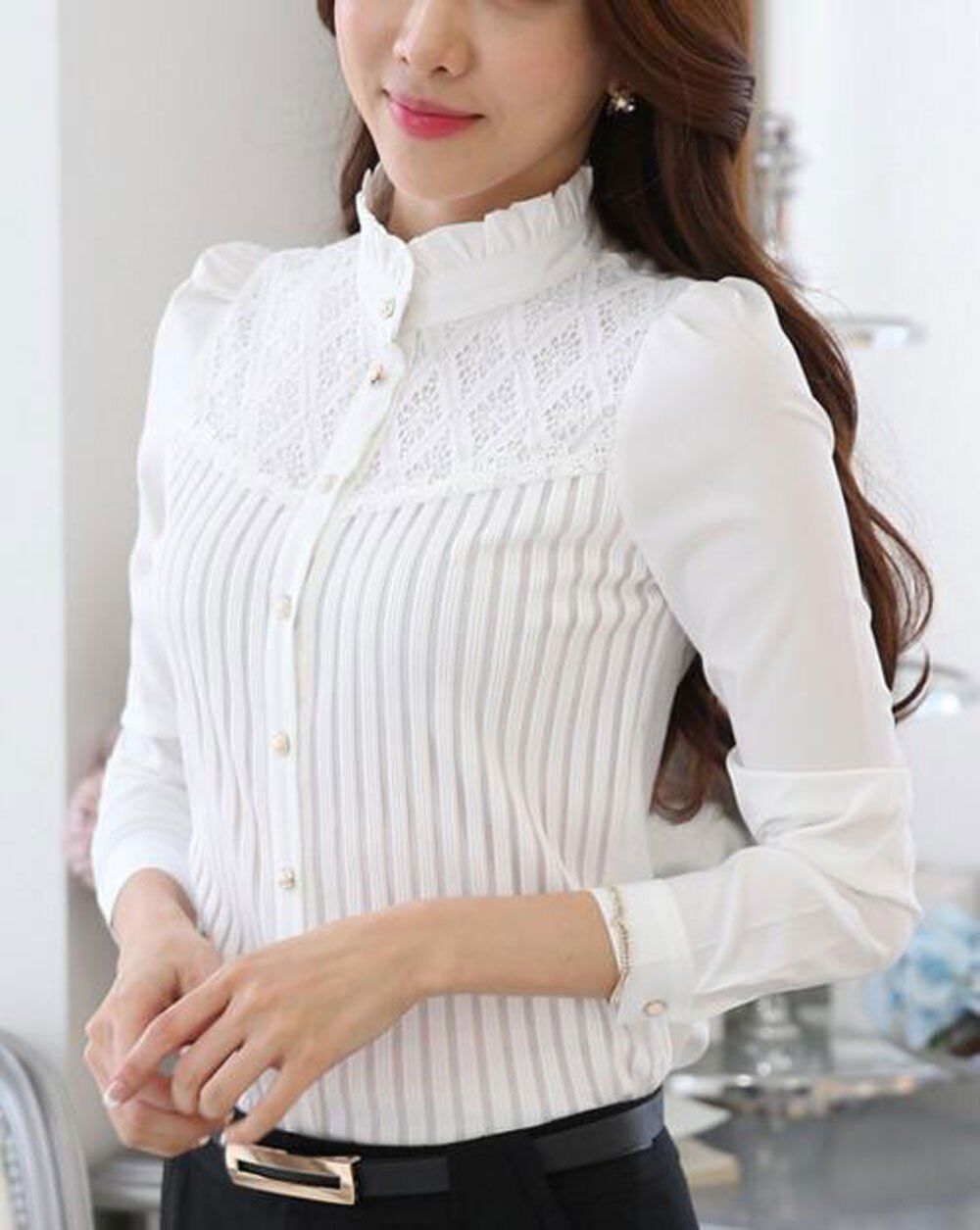 Womens Vintage Collared Button Down Shirt Long Sleeve Lace Stretch Blouse