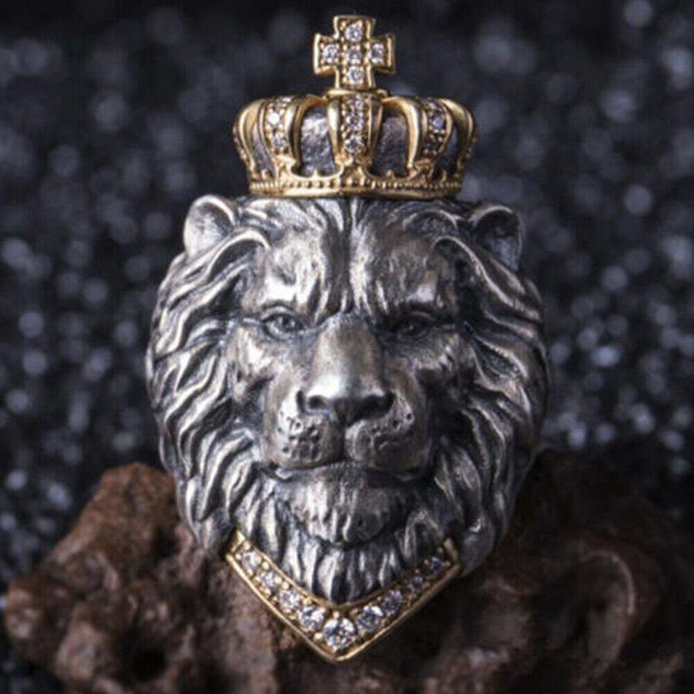 US2-4Pc Punk Animal King Crown Lion Ring Adjustable lion Head Jewelry 925 Silver