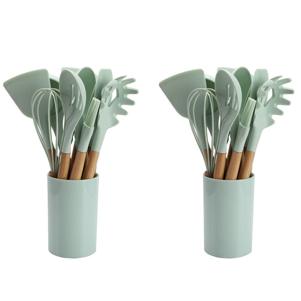 US 11 Pcs Kitchen Cooking Utensils Set Wooden Handle Silicone Heat Resistant