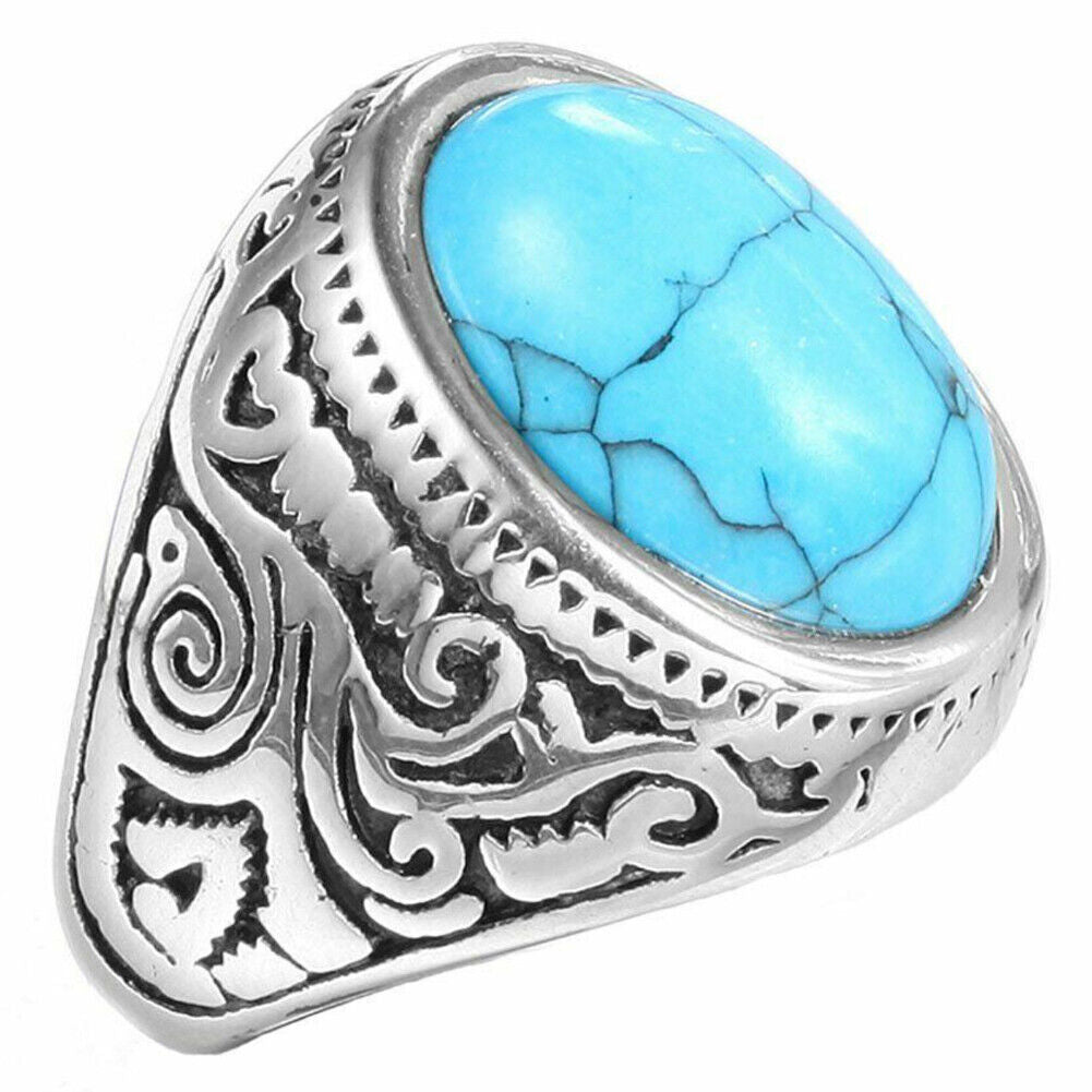 US Mens Simulated Oval Turquoise Stone Ring Men Stainless Steel Size 7 8-11