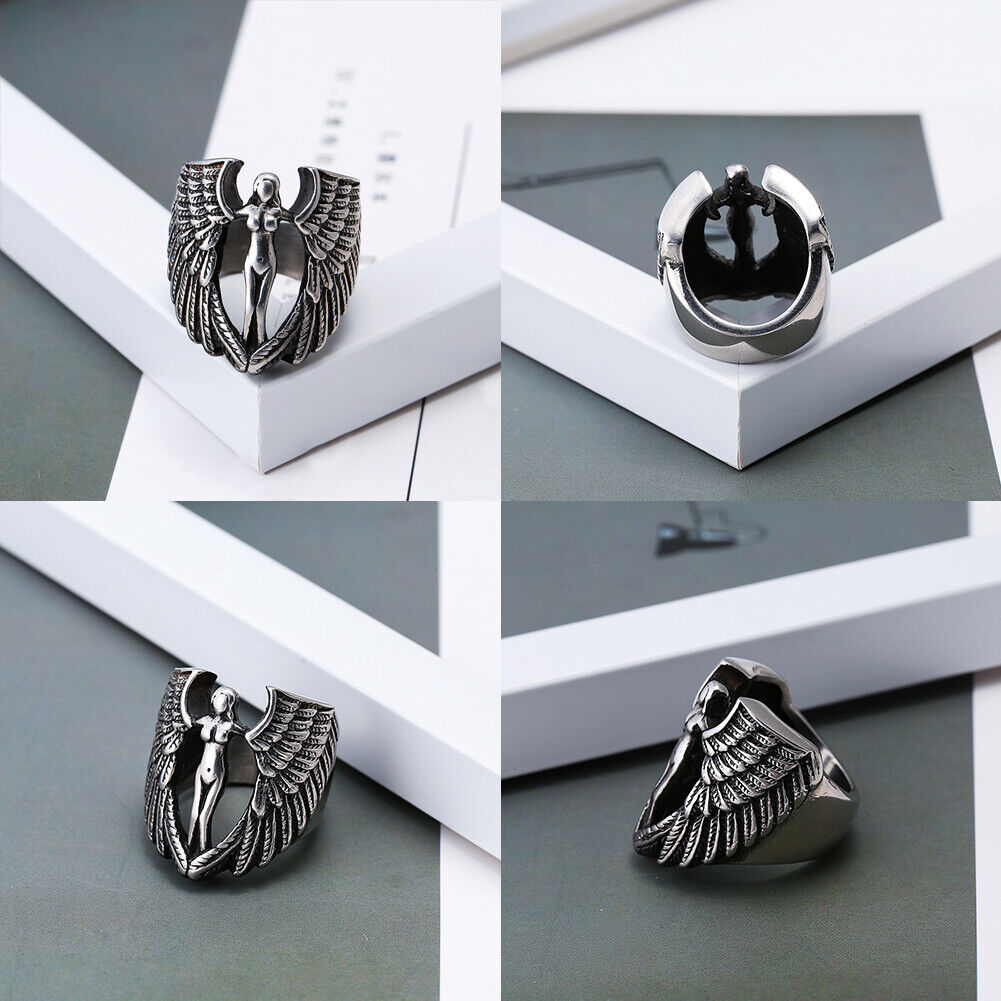 US Vintage Archangel Goddess Feather Angel Wing Stainless Steel Ring MC Biker