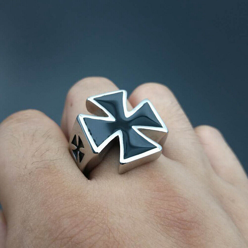 US 2 Pack Mens Iron Cross Biker Ring Stainless Steel Mc Black Silver Size 7-11
