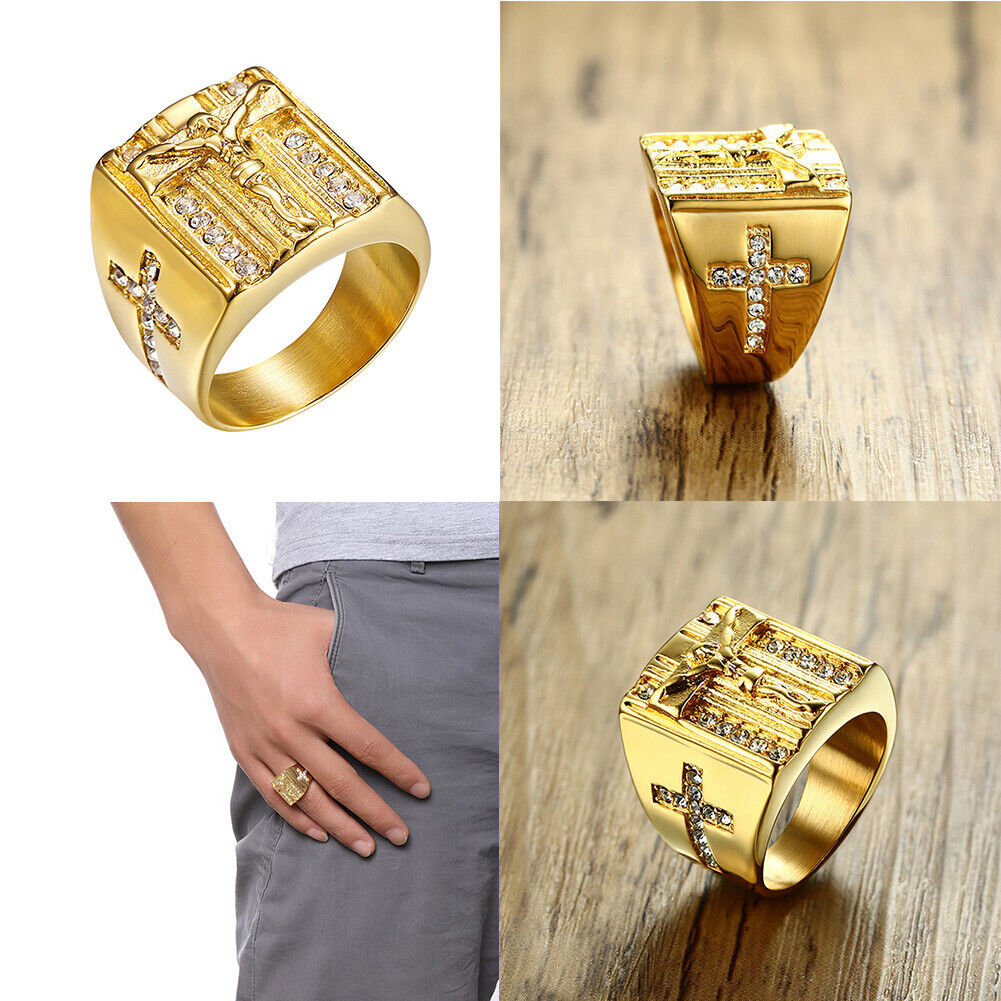US Mens Stainless Steel Gold Plated CZ Jesus Cross Crucifix Ring Size 7 8-12
