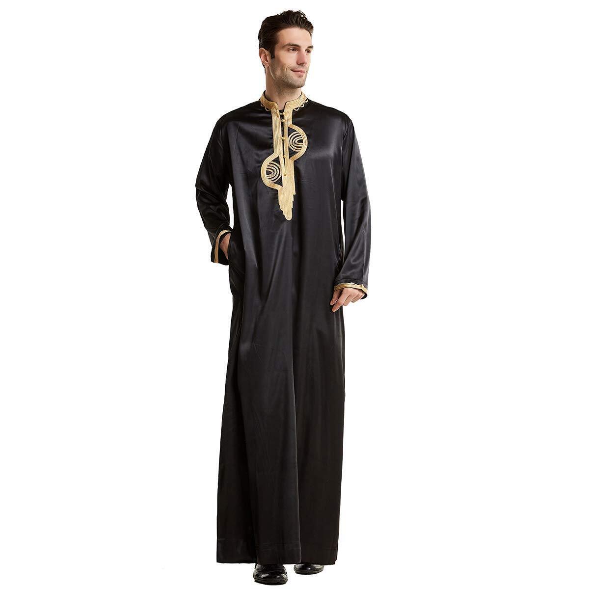 Men Arabic Long Sleeve Embroidery Thobe Stand Collar Kaftan Robe