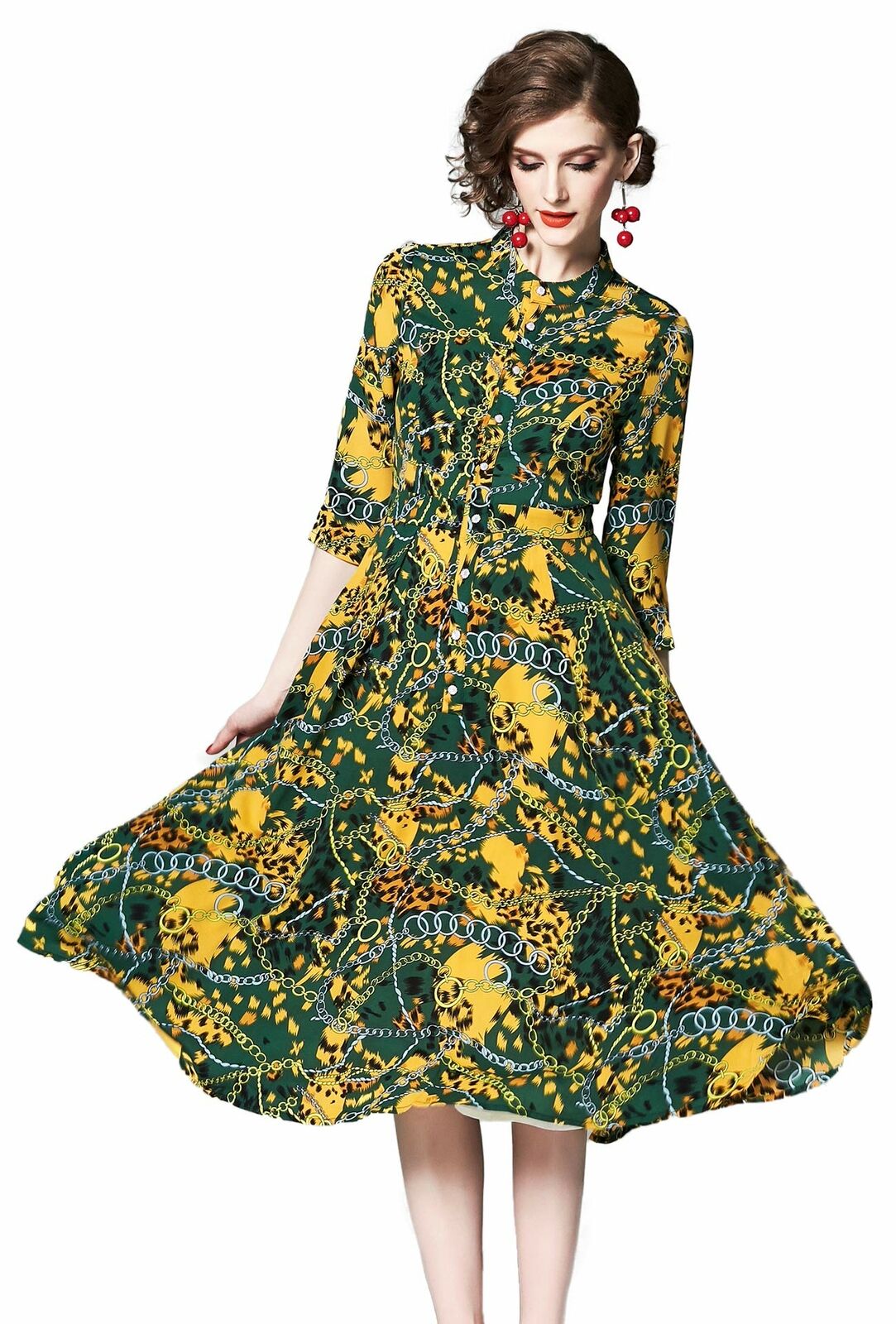 Women's Vintage Floral Printed Lotus Sleeves Elastic Waist  Cocktail Dress