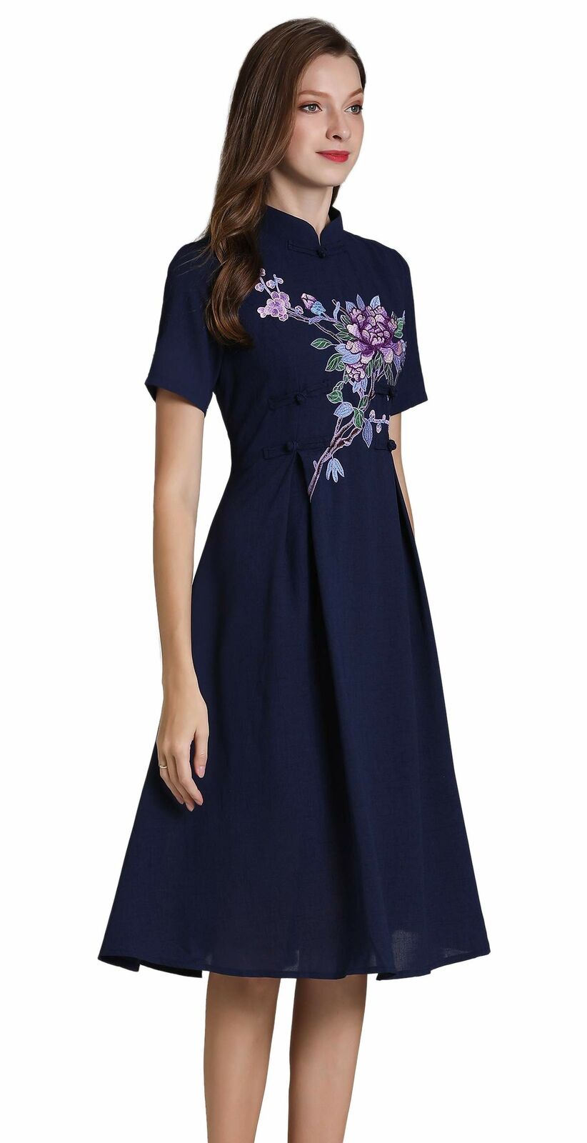 Women's Short Sleeve Mexican Embroidered Floral Pleated A-line Cocktail Dress