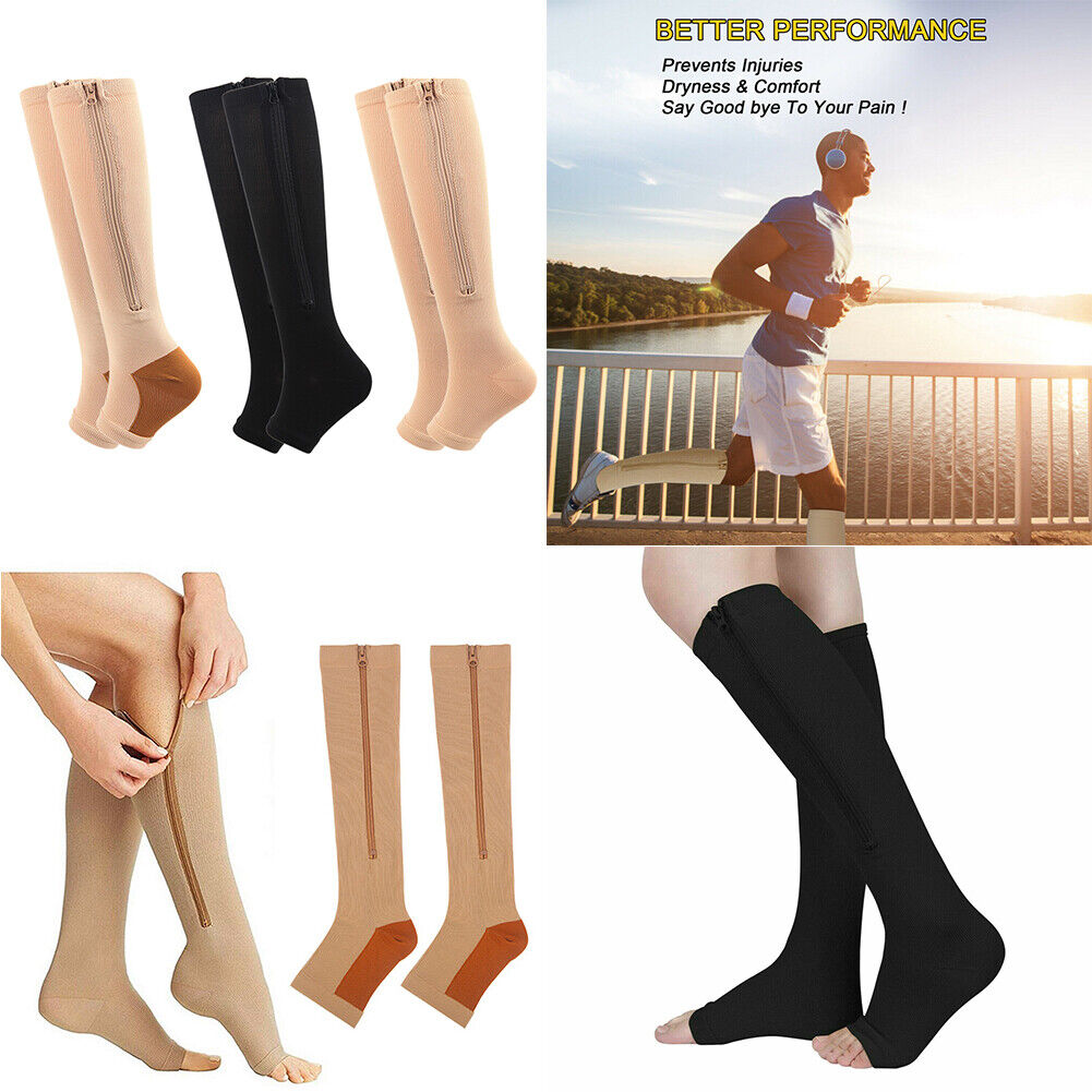 US 3 Pair Zipper Pressure Compression Sock Pain Relief Toeless Calf Leg Stocking