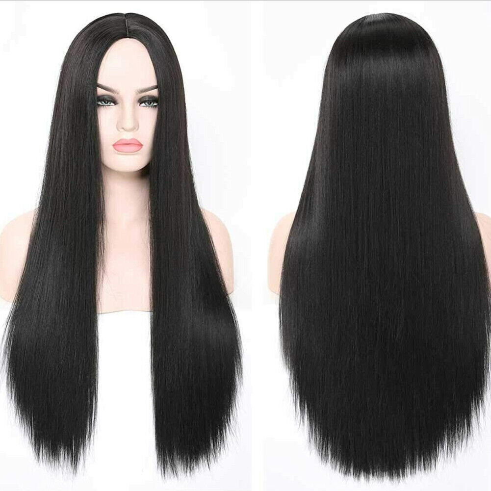 US 1-2 Pack Women Black Long Straight Heat Resistant Human Hair Wig Natural