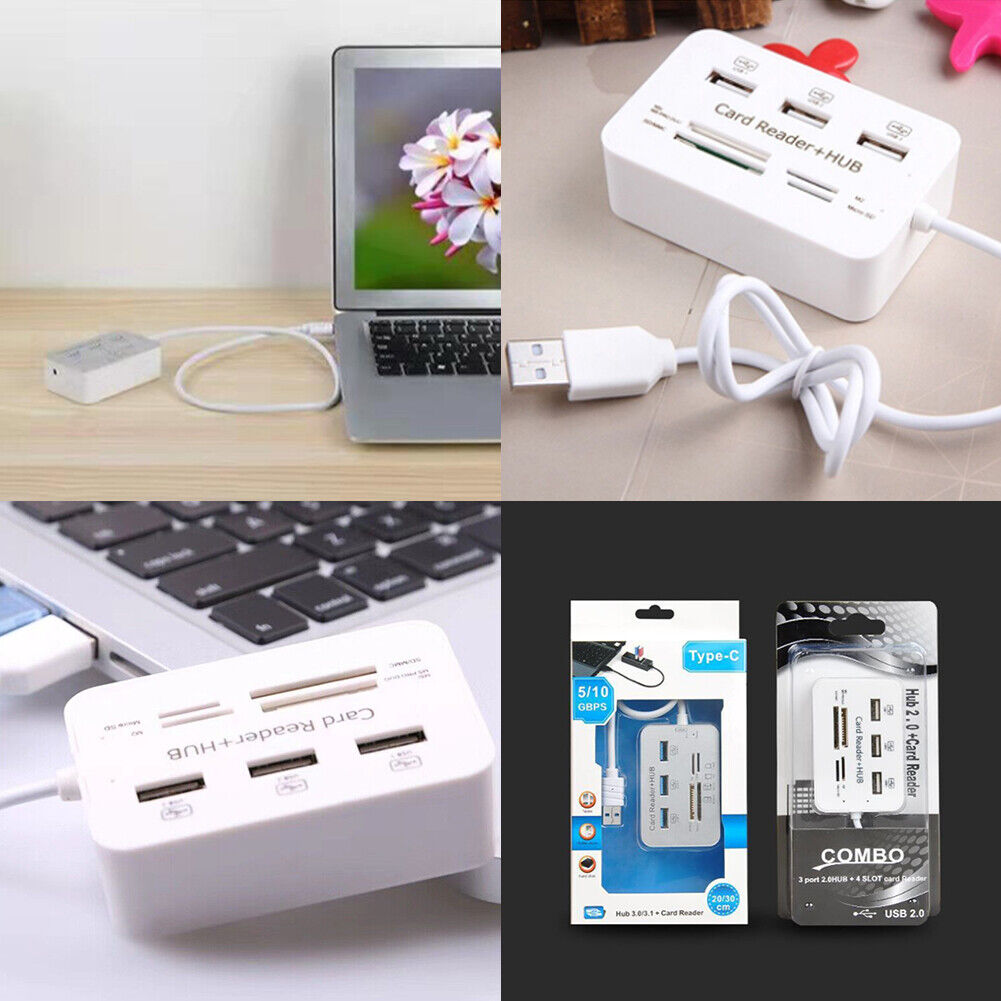 US 1-2 Pack 3 Ports USB 2.0 Hub High Speed MS SD M2 TF Memory Card Reader