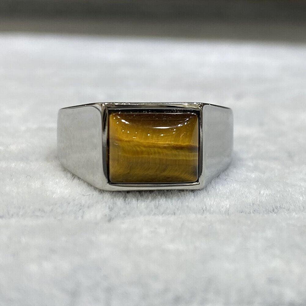 US Mens Stainless Steel Natural Tiger Eye Stone Ring For Men Size 7 8 8-11