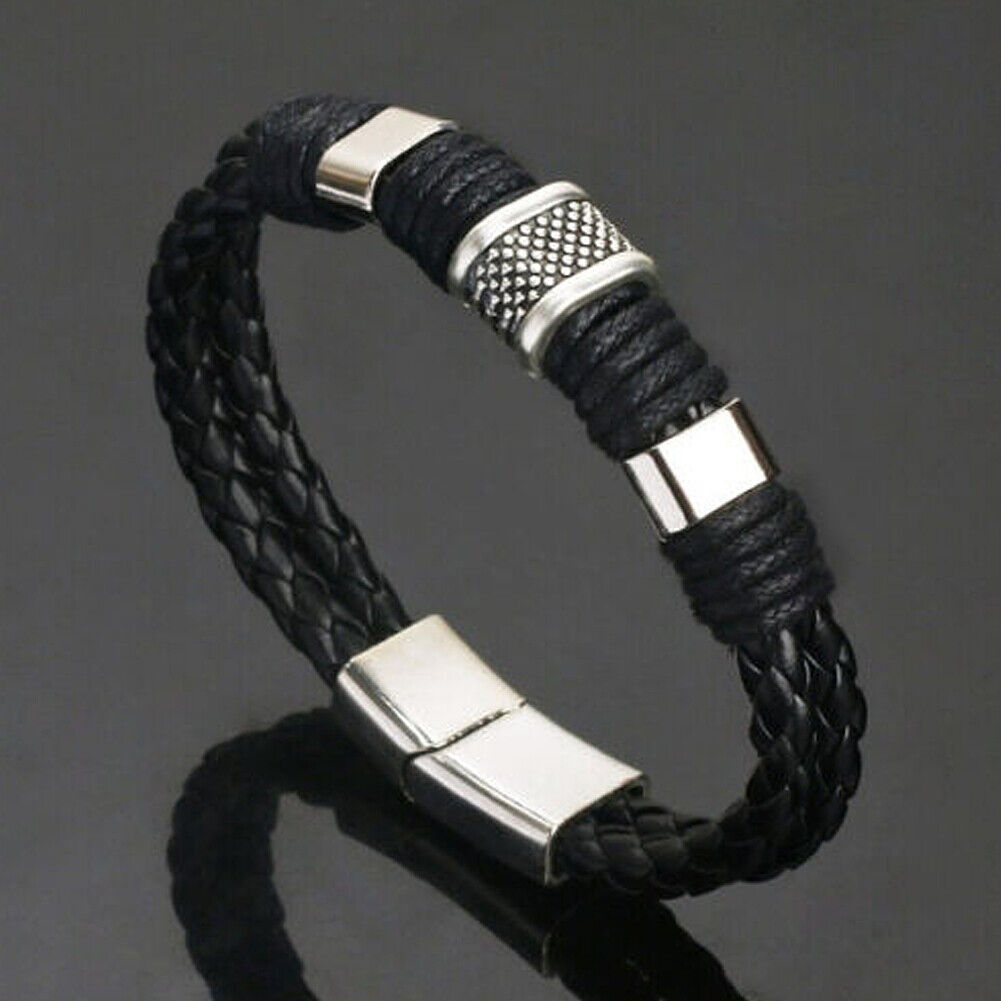 US 2-4 Leather Titanium Steel Braided Magnetic Clasp Bracelet Bangle Wrist Cuff