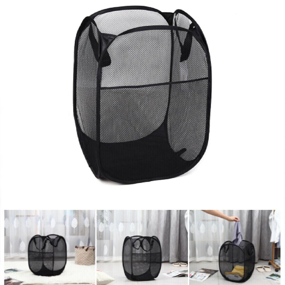 US 1-2 Pcs Laundry Baskets Foldable Pop Up Tidy Mesh Washing Laundry Basket Bag