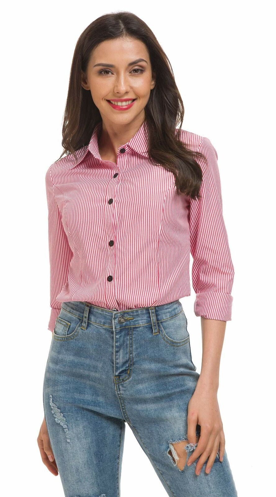 Women's Basic Tailored Vertical Stripes Button Down Shirt Long Sleeve  Blouse