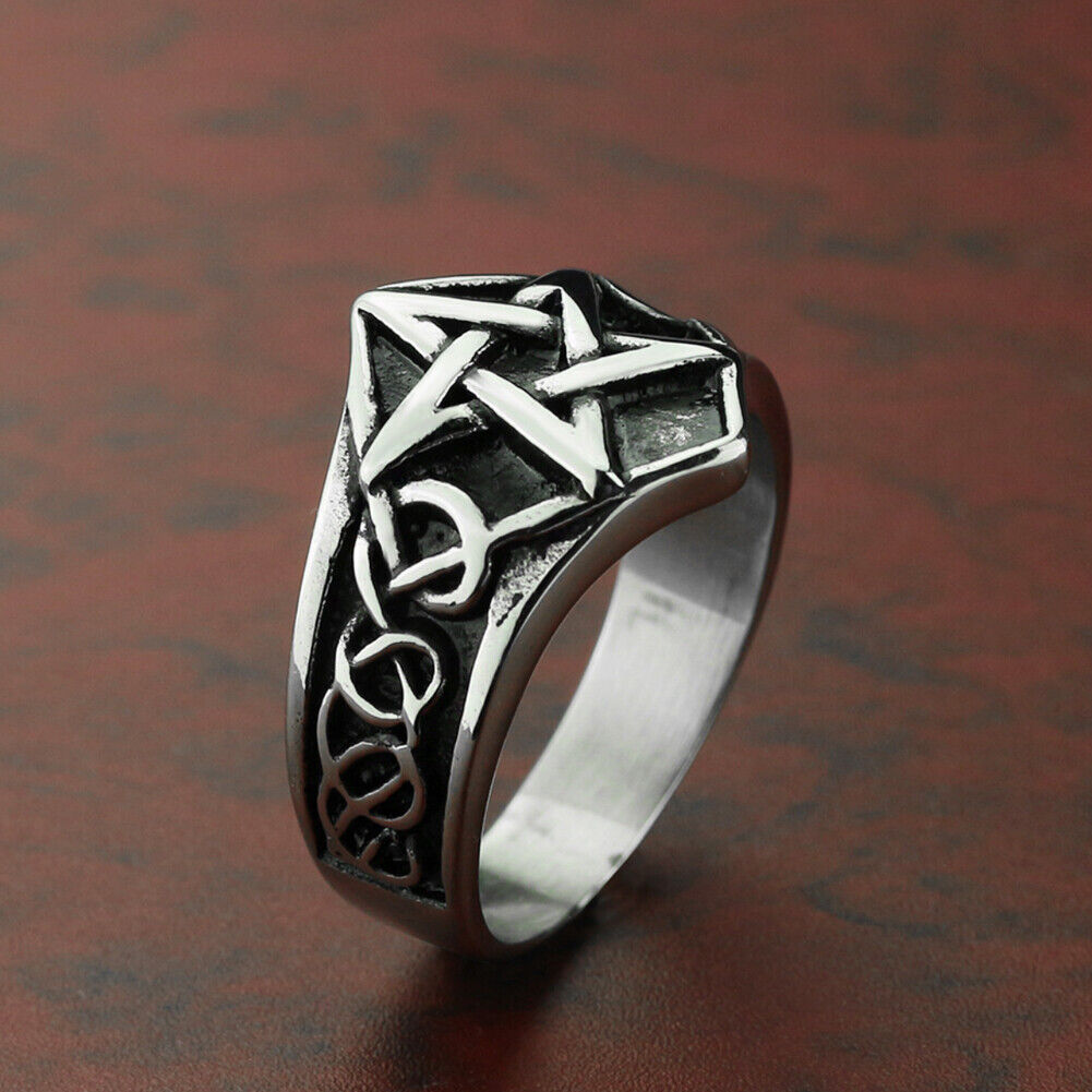 US 2-4 Pcs Mens Celtic Wiccan Pagan Pentagram Star Ring Stainless Steel Size