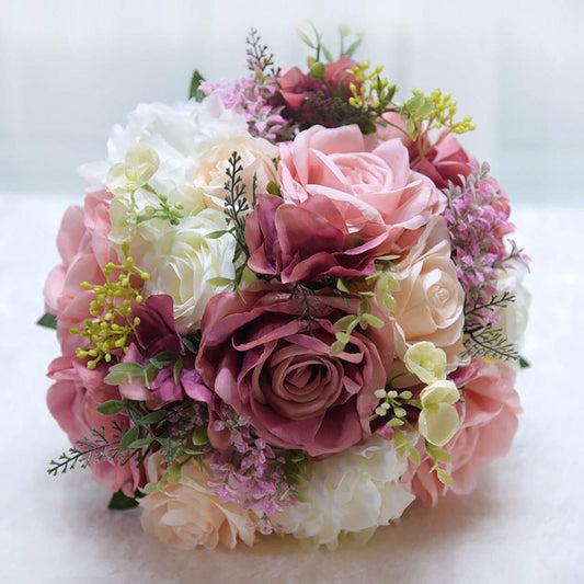 Bridal Holding Wedding Bouquet Real-Looking Mixed Flowers Ivory Greeneryet