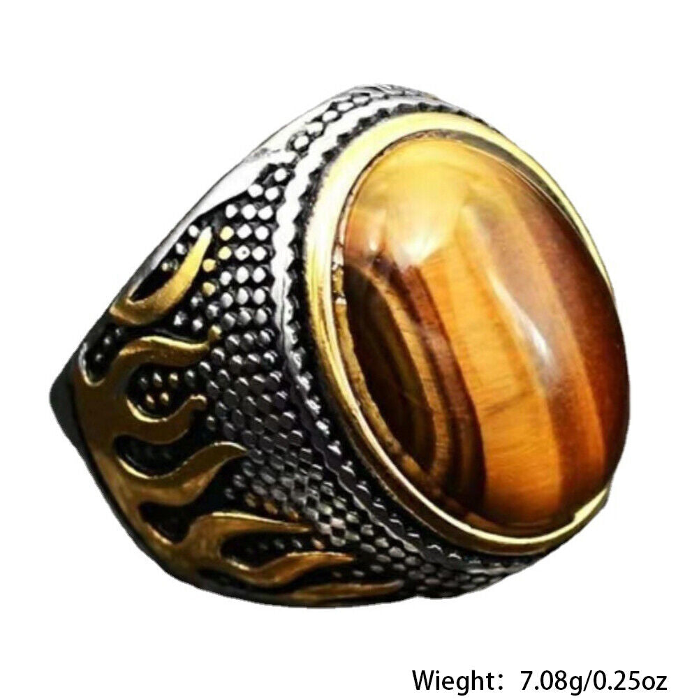 US 2Pc Mens Stainless Steel Gold Plated Oval Tiger Eye Stone Ring Size 7 8 9-11