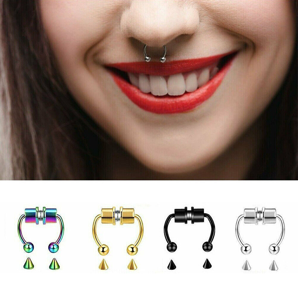 US 1-2 Pcs Magnetic Septum Nose Ring Stainless Steel Fake Non Piercing Nose Clip