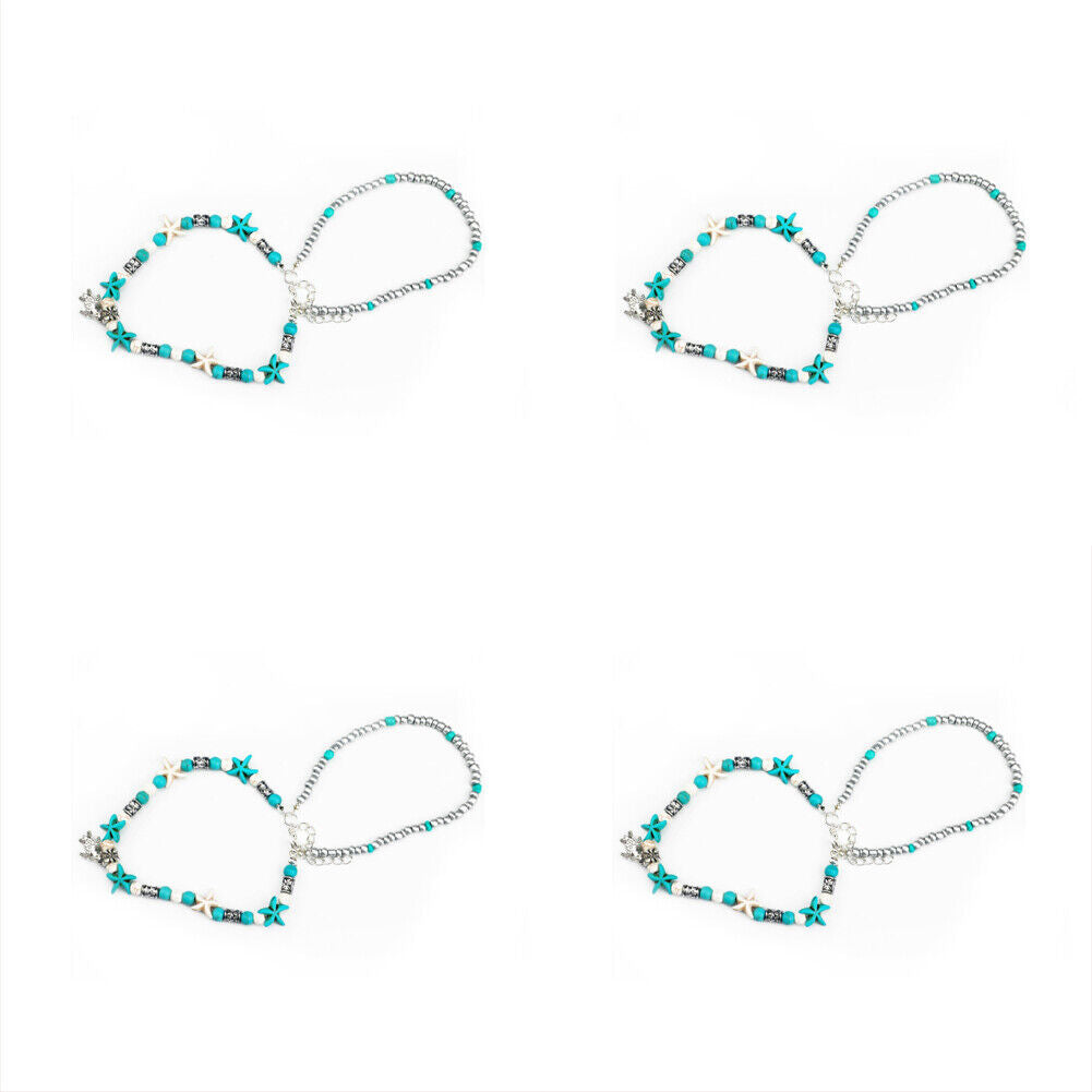 US 2-4 Pack Blue Starfish Turtle Anklet Women Girl Multilayer Charm Boho Beads
