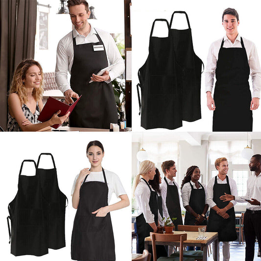 US 2-4 Pcs Waterproof Chef Apron Black Catering Cooking Kitchen Butcher 2 Pocket